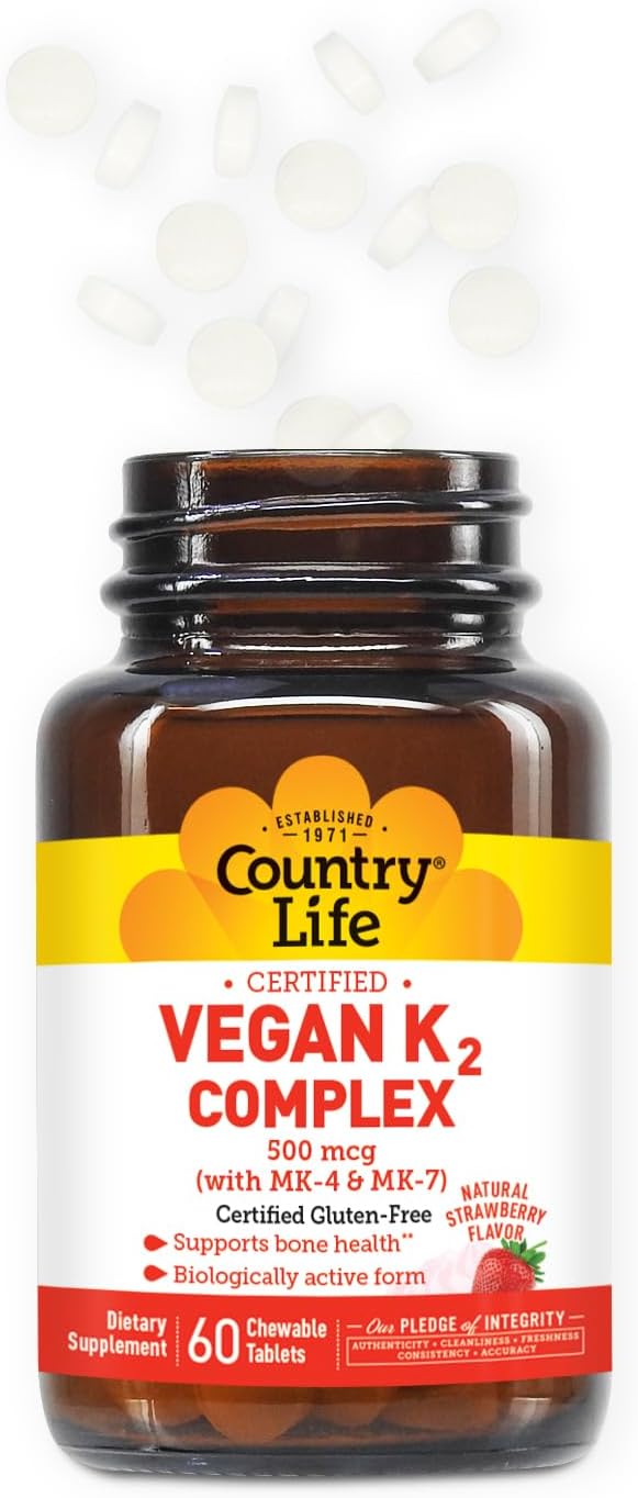 Country Life® Vegan K2-500 mcg, 60 Ct. Chewable Tablets. Strawberry Flavor - Certified Gluten Free - Certified Vegan by AVA – to Support Bone Health