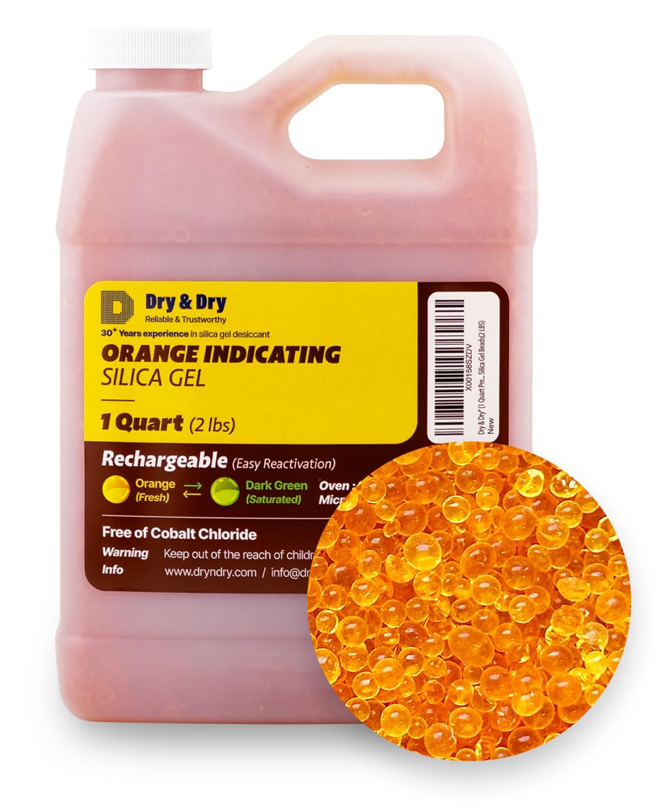 "Dry & Dry" [1 Quart] Premium Orange Indicating Silica Gel Desiccant Beads(Industry Standard 3-5 mm) - Rechargeable Silica Gel Beads(2 LBS)