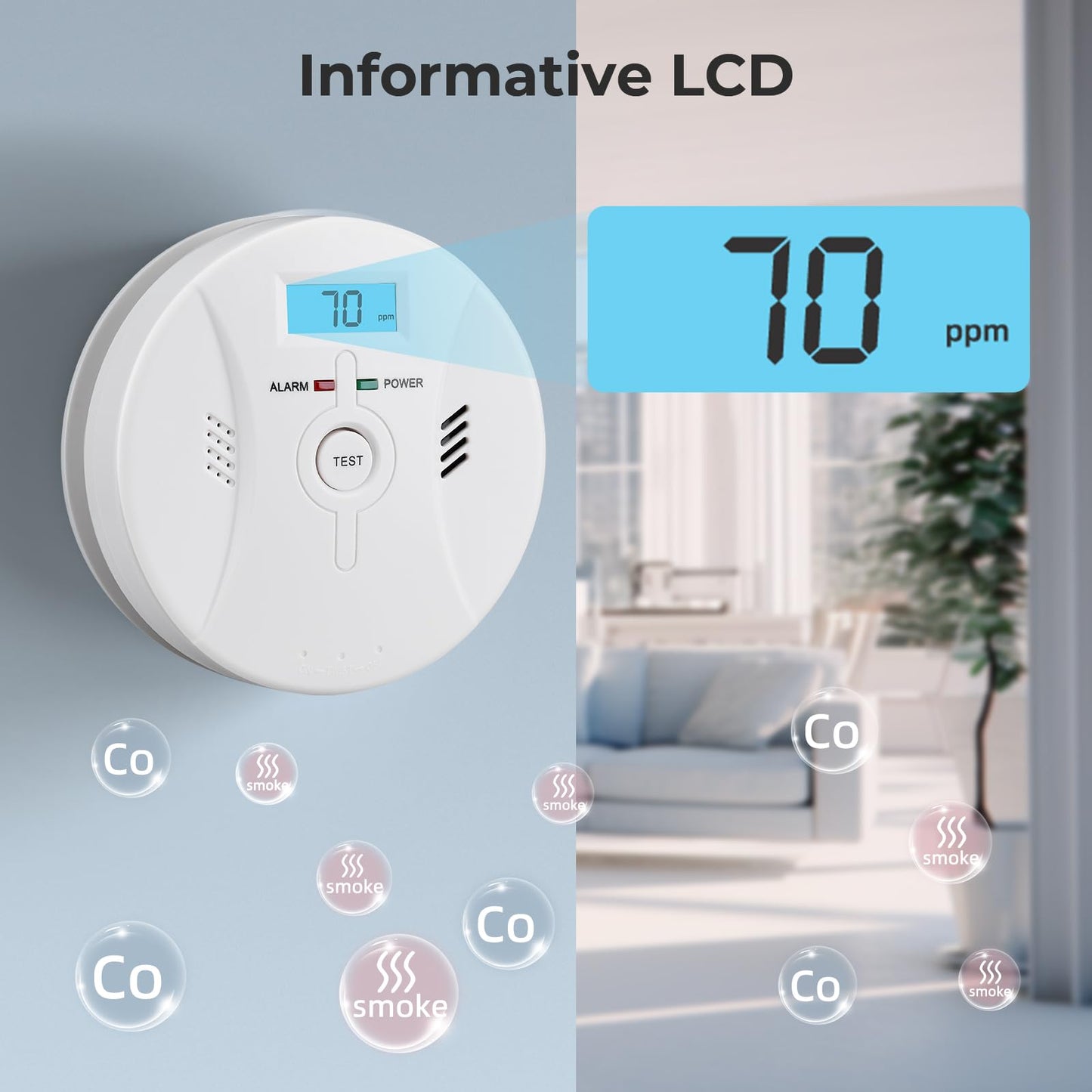 SHYEEH Smoke and Carbon Monoxide Detectors, Combination Smoke Alarm and Carbon Monoxide Detector Battery Powered, CO Detector Alarm with Sensitive Sensor, Sound Warning and LCD Display, ‎CDR-803