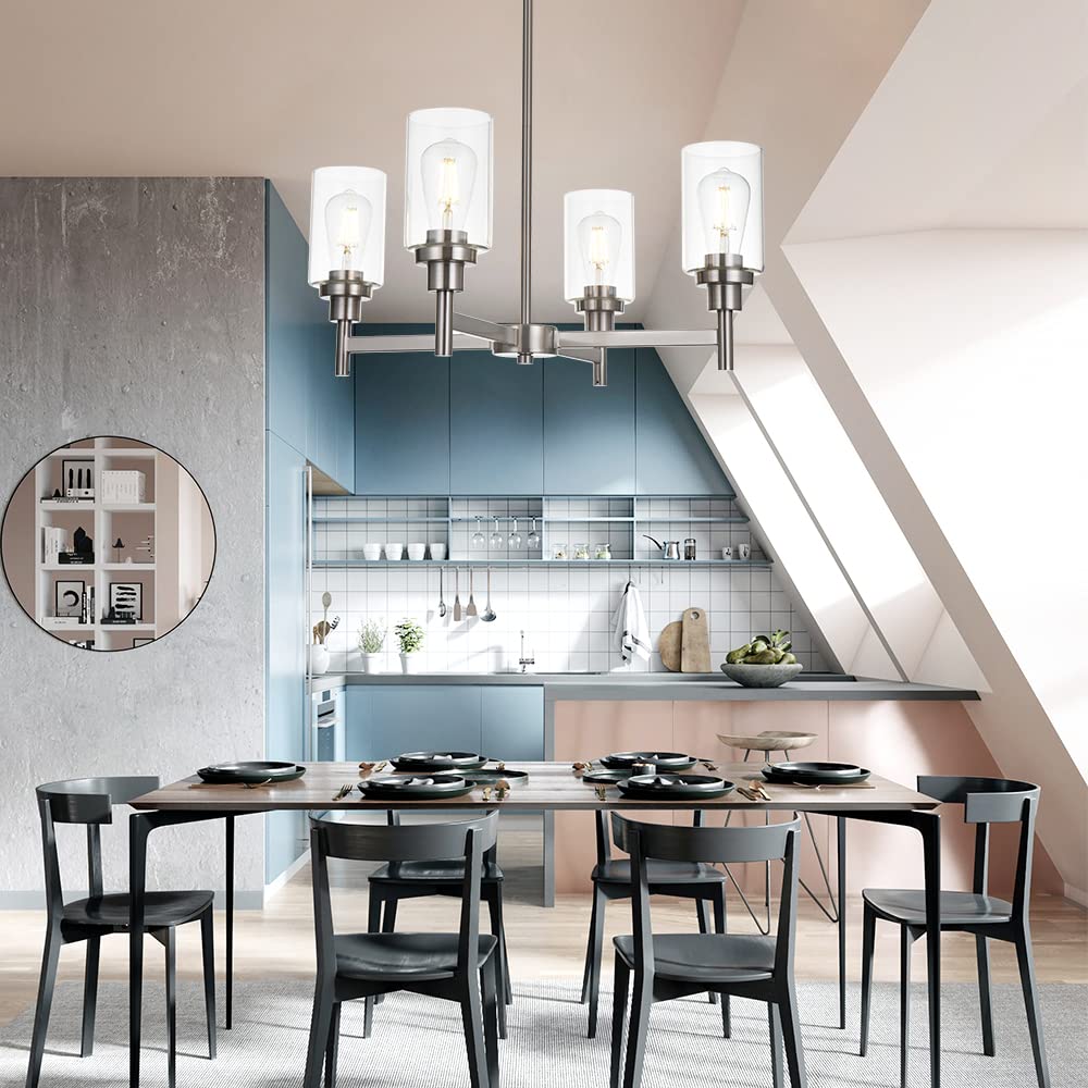 VINLUZ 4 Light Modern Chandelier Pendant Lighting Brushed Nickel Clear Glass Shades for Dining Room Kitchen Living Room Model 210-4SN