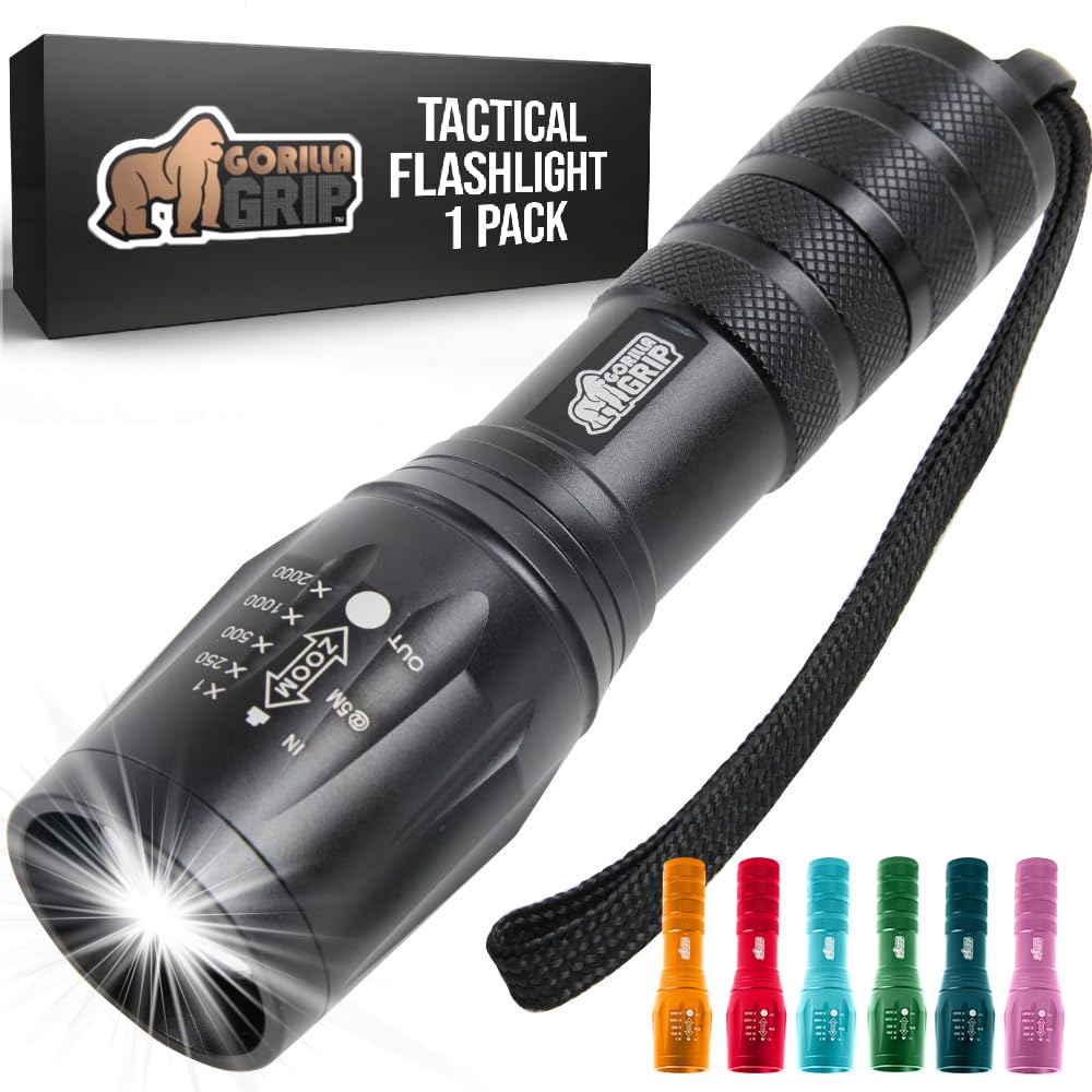 Gorilla Grip LED Tactical Handheld Flashlight, 750 FT Zoom, 5 Modes, Water Resistant, Black, Model 840029670880