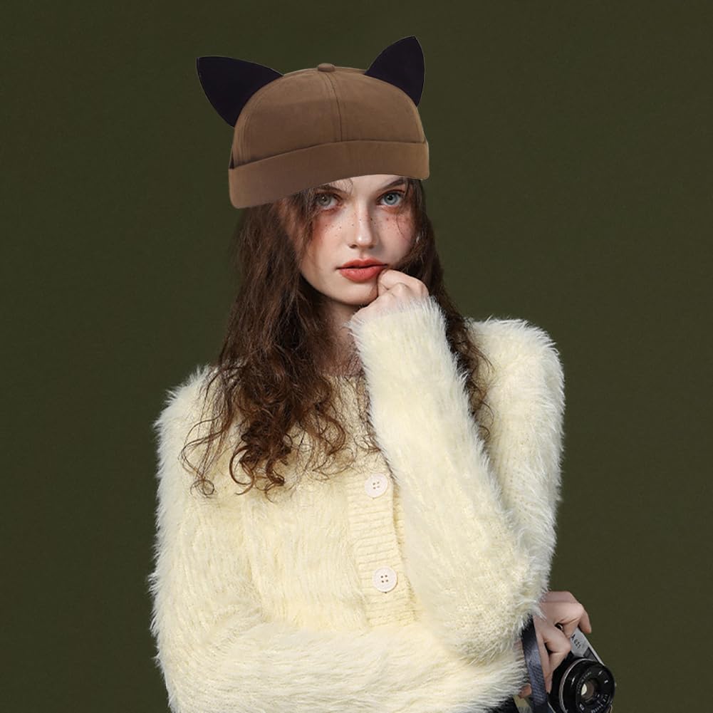 Malaxlx Khaki Cat Ear Docker Cap – Brimless Cotton Sailor Beanie Skull Cap for Women Men