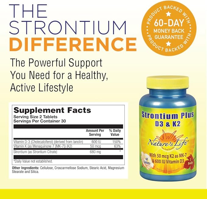 Nature's Life Strontium Plus Vitamins D3 & K2 | Bioavailable Formula May Help Support Healthy Bone Density & Joint Health | 60 Tablets