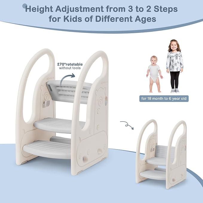 Toddler 3 Step Stool Onasti Kids Standing Tower for Toddlers Plastic Learning Helper Stool for Kitchen Counter Bathroom Sink Toilet Potty Training with Handles and Non-Slip Pads-Grey White