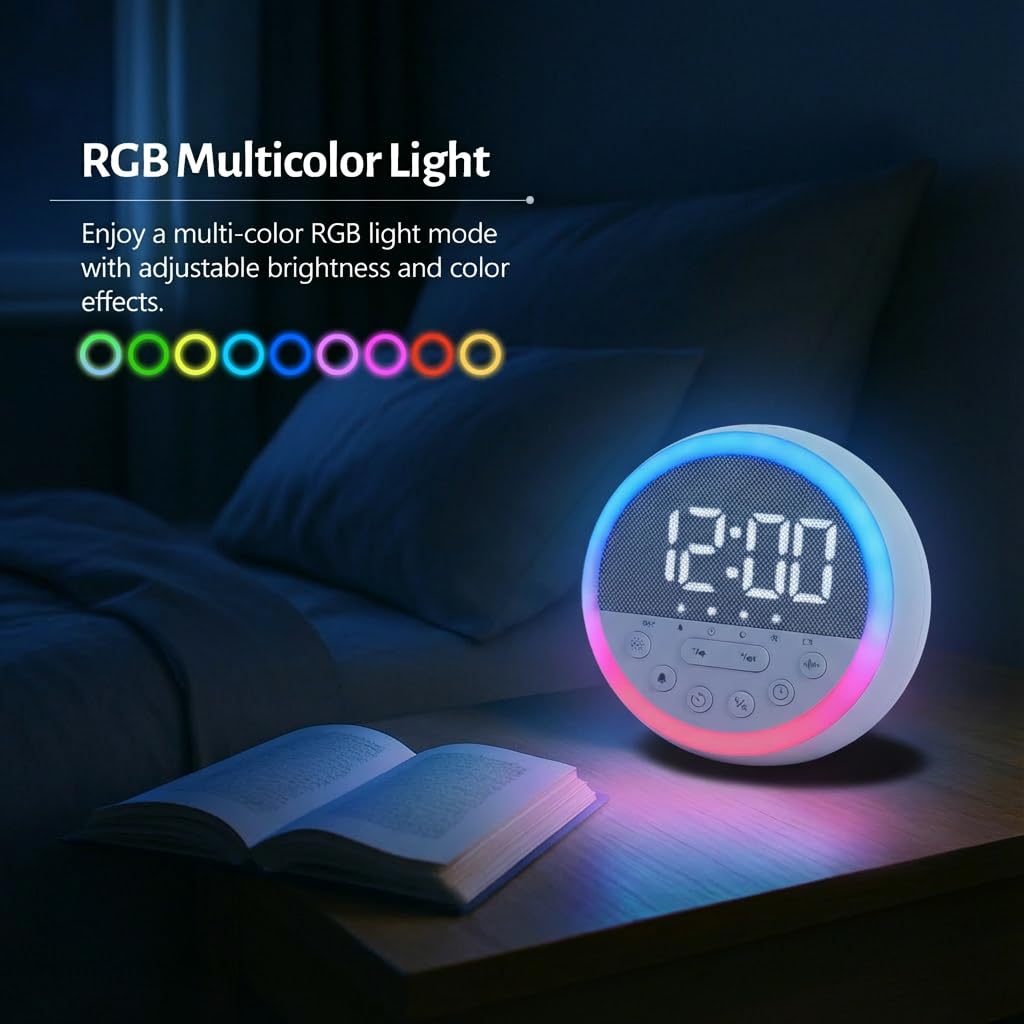Sunrise Alarm Clock and Sound Machine Nightlight Adjustable Brightness, Rechargeable Wake Up Light Digital, Sleep Timer, Sleep Sounds, White Noise for Baby Kids Adults, Nature Soft Light for Bedroom