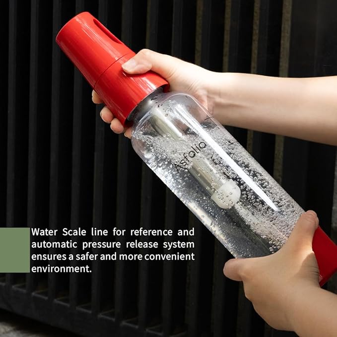 Portable Sparkling Water Maker - Travel Soda Maker for Home & Outdoor, 1L Carbonating Bottle, 10 pcs CO2 Cylinders, Compact Carbonated Water Machine for Flavored Drinks, Soda Machine (Red)