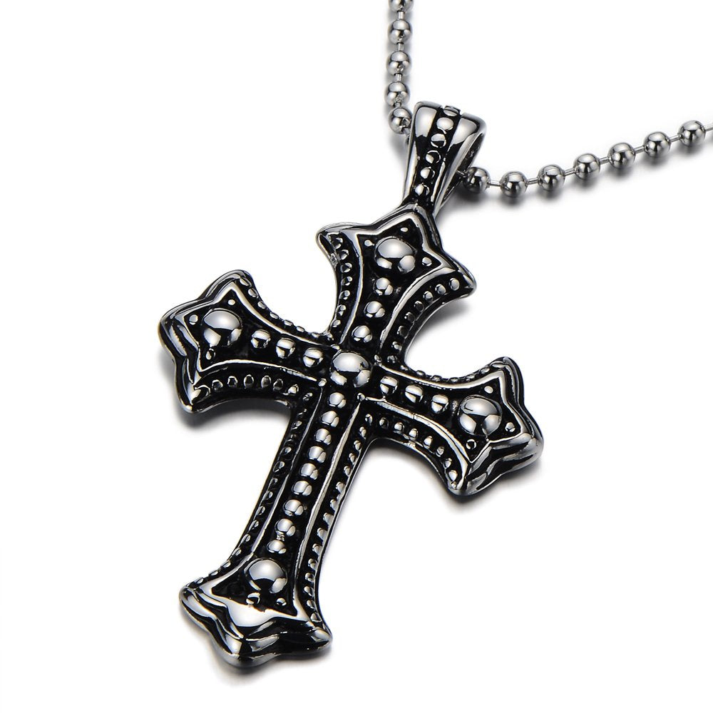 COOLSTEELANDBEYOND Gothic Vintage Cross Pendant Necklace Stainless Steel Unisex Silver Black Two-tone 23.6 in Ball Chain