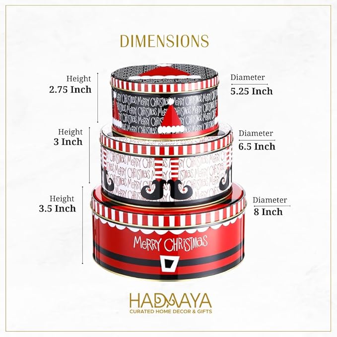 Pack of 9 Round Christmas Cookie Tins With Lids for Gift Giving - Metal Holiday Storage Container, Merry Christmas HAT ELF Design, Perfect for Gifting