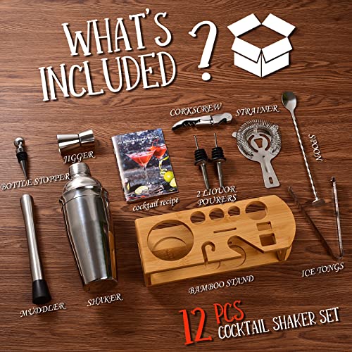 Cocktail Shaker Set Bartender Kit : 12-Piece Bar Tool Set with Bamboo Stand | Bar Set with All Practical Bar Accessories, ...