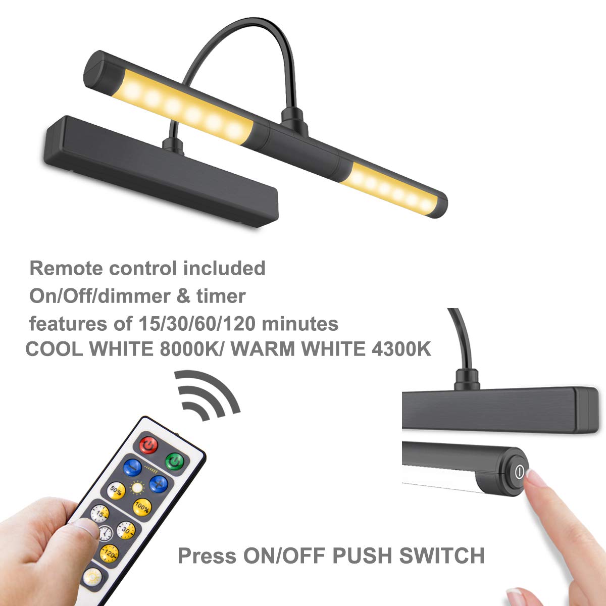 BIGLIGHT Wireless LED Picture Light, 13 Inch, Dimmable, Black, Remote Control, Rotatable Light Head, Timer