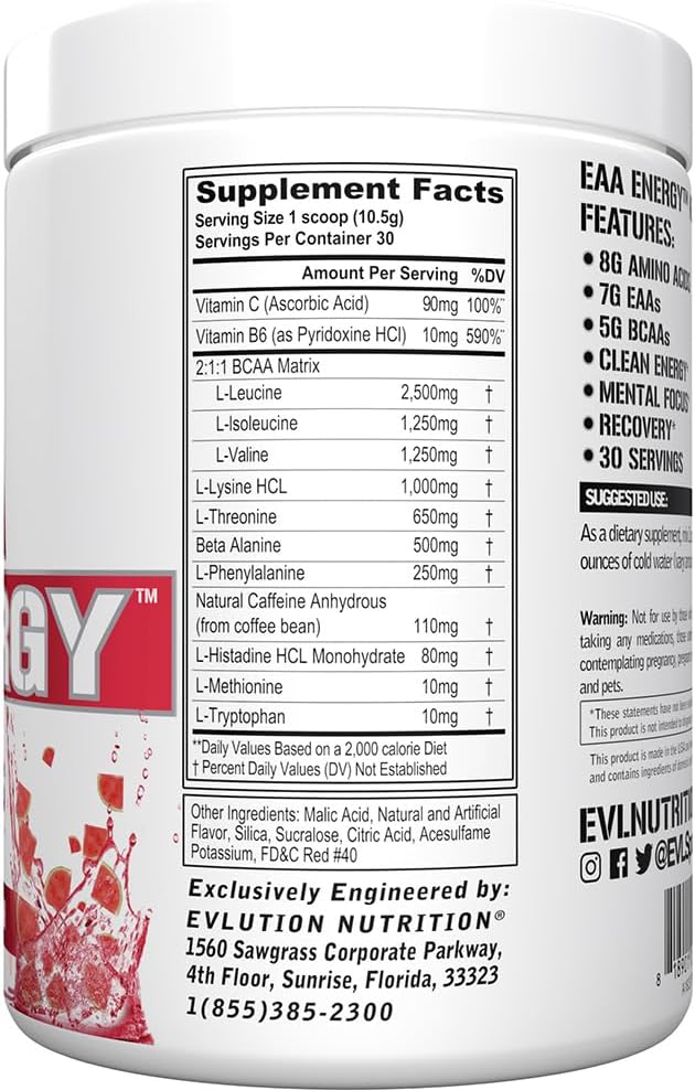 Evlution Nutrition EAA Energy - Pre & Post Workout Powder - Muscle Building & Recovery Supplement - 7g Essential Amino Acids + 5g BCAAs - Clean Energy - With Caffeine - 30 Servings - Watermelon Splash