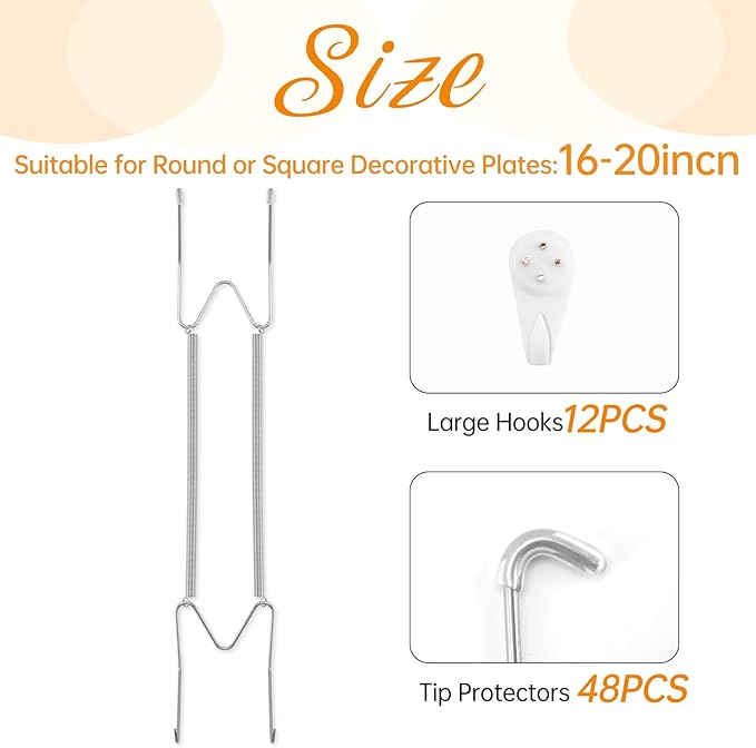 Bilillo 12 Pack Plate Hangers for The Wall, Suitable for 16-20 inch Art Plate, Stainless Steel Invisible Heavy Duty Wire Plate Holder with Wall Hooks, Plate Hangers for Displaying Plates, Silver