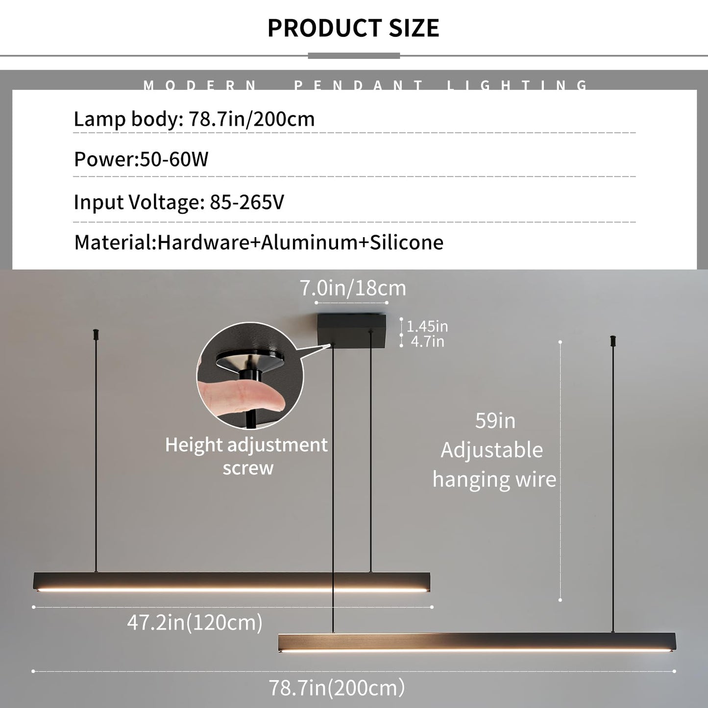 Mikeru Modern 2-Light Chandelier Pendant Light, 47IN, Aluminum, E-Black, Remote Control, Adjustable Color Temperature 3000K-6500K