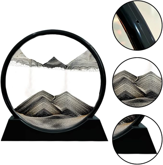 Aoderun Moving Sand Art Picture Round Glass 3D Deep Sea Sandscape in Motion Display Flowing Sand Frame Relaxing Desktop Home Office Work Decor (7", Black)