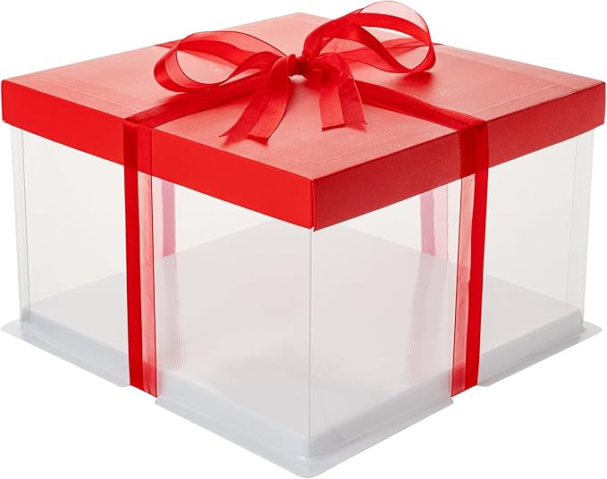 Restaurantware Sweet Vision 10 Inch x 8.25 Inch Transparent Cake Boxes 10 Grease Resistant Base Clear Cake Boxes - Red Lid Red Ribbon Plastic Birthday Cake Boxes For Weddings Or Birthdays