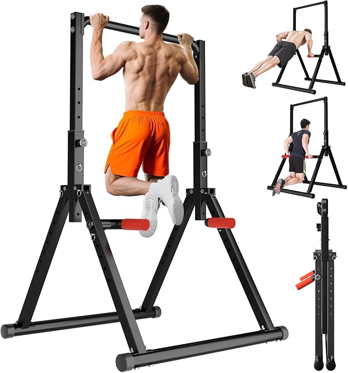 WATBKHE Power Tower Pull Up Dip Station Foldable, Pull Up Bar Station Adjustable, Multi-Function Home Gym, Strength Traini...