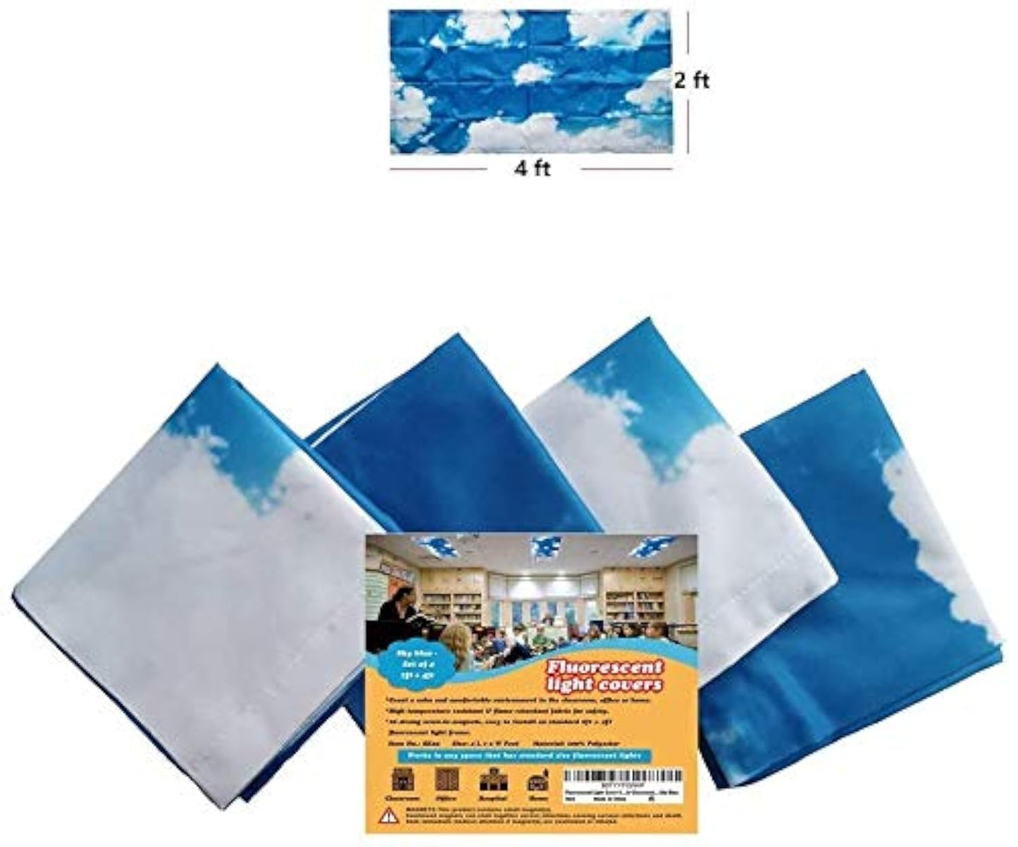 Fluorescent Light Cover 4 x 2 - Flame-Retardant Fabric, Soft Blue (Blue Sky Cloud), 10 Strong Magnets, Model FLC4-SKY-B