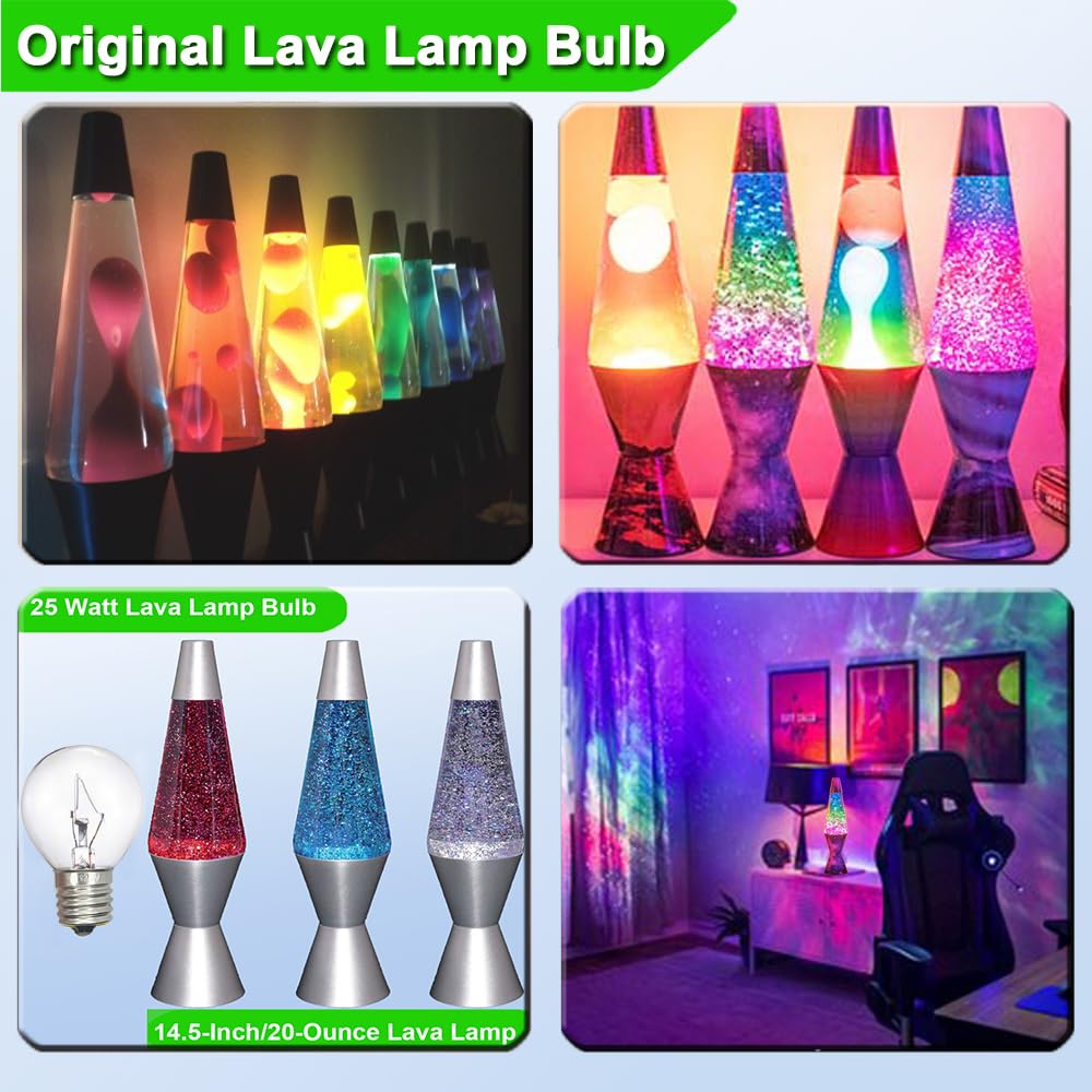 Paeorrorl Lava Lamp Bulb 6 Pack, 25W S11 E17 Base, Dimmable 2700K Warm White, Glass, Silver