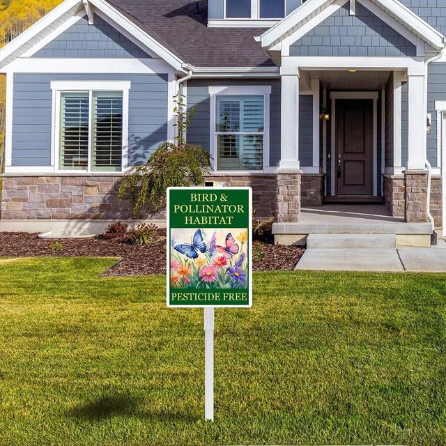 Bird and Pollinator Habitat Pesticide Free Yard Sign With Stakes 7x9.8 inches Rustproof Reflective Aluminum Pollinator Friendly Garden Sign Stand Butterfly Outdoor Decor