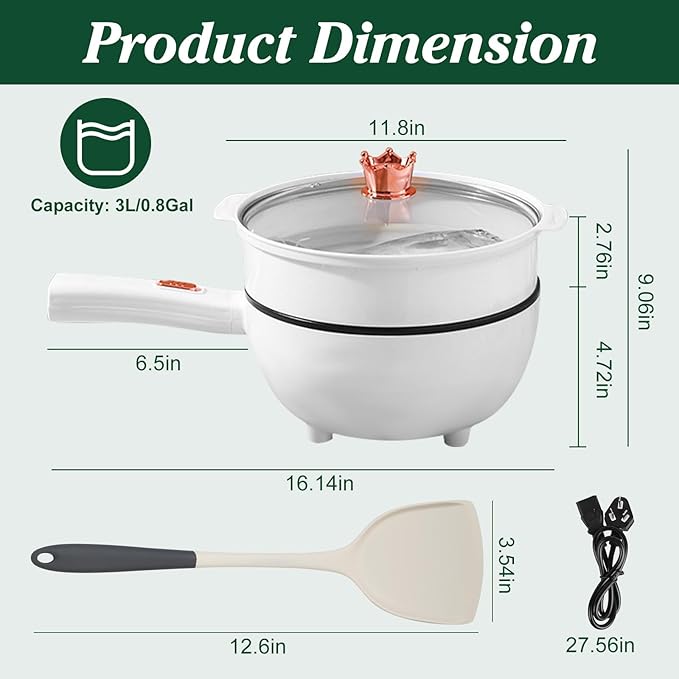 Hot Pot Electric with Steamer, 3L Non-Stick Sauté Pan, Rapid Noodles Cooker with Spatula, Mini Pot for Steak, Egg, Ramen, Electric Cooker with Dual Power Control, Over-Heating Boil Dry Protection