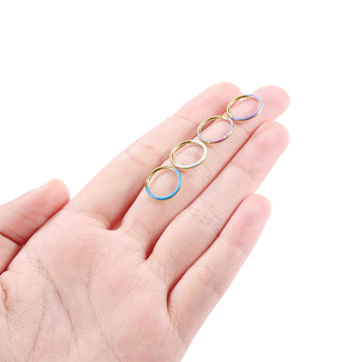FUNLMO 16G Septum Ring 8mm Daith Earrings Clicker Nose Rings Helix Conch Piercing Jewelry Surgical Steel White Opal Inlaid Gold