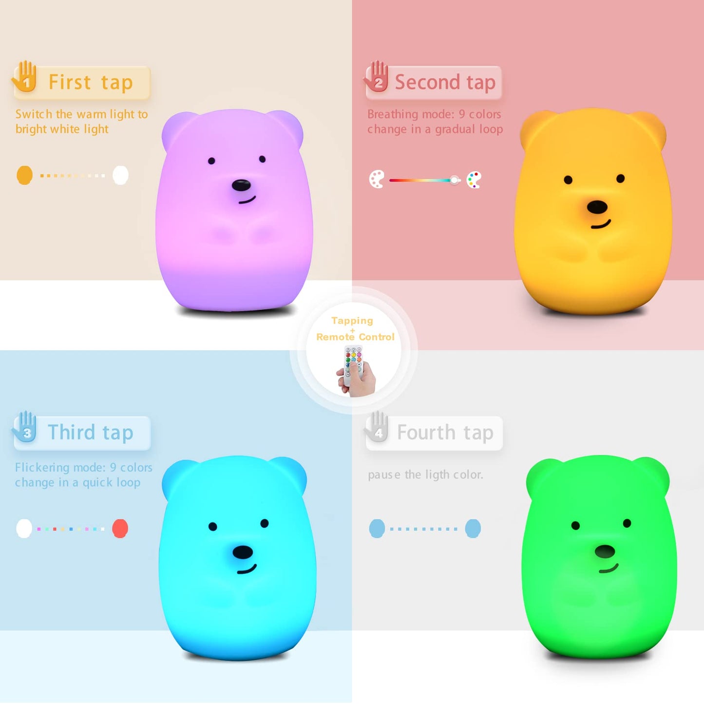 WHA&DARREN Bear Night Light, Silicone Nursery Lamp, 9 Colors, Model HY805, Cute Kids Room Decor