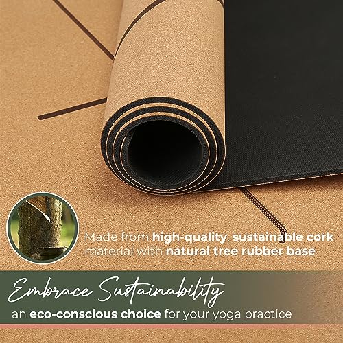 Y O Gayo Premium Yoga Cork Mat | 5mm Thick Natural Tree Rubber Base and Bigger Mat for Extra Support, Alignment lines for ...