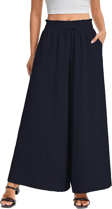 Women’s Wide Leg Pants Drawstring Elastic Waist Casual Trousers Lightweight Loose Lounge Pants with Pockets