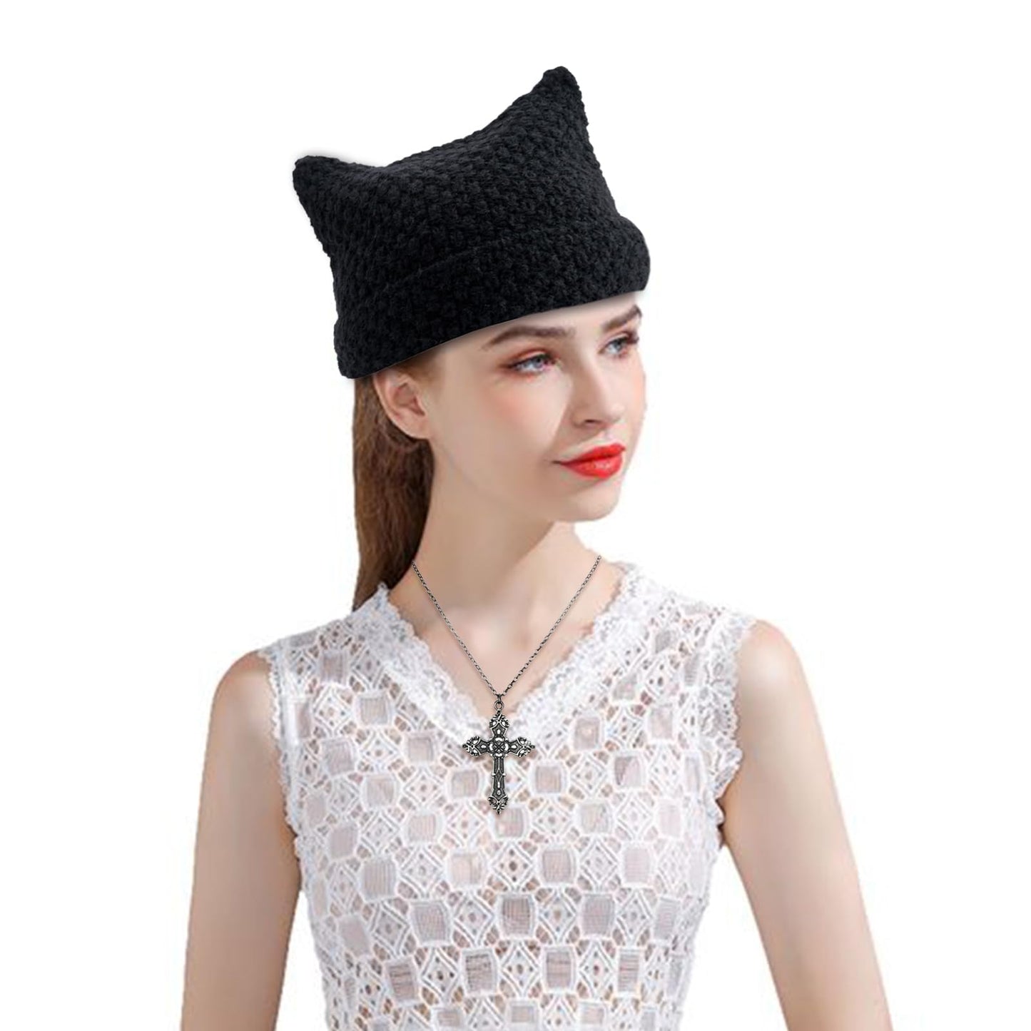 JDRGJTH 24PCS Y2k Jewelry Set,Y2k Accessories Grunge Knitted Cat Beanie,Fairy Grunge Gloves Necklace Rings Bracelet Therian Accessories Set Cosplay Party Jewelry Gift for Women