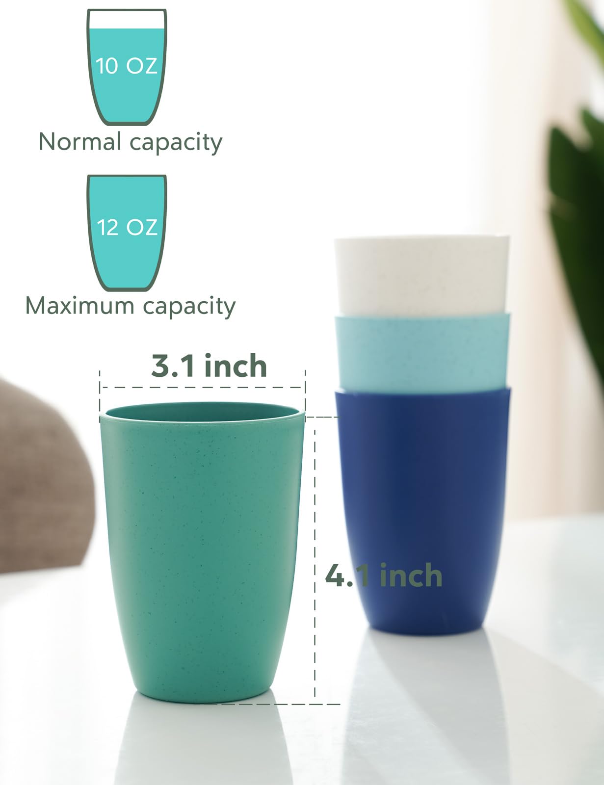 GENLGE 12 OZ Wheat Straw Cups Reusable Drinking Tumblers, Unbreakable Cups for Kitchen - BPA Free, Dishwasher Safe, Set of 6, Multicolor