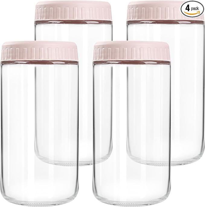 Overnight Oats Containers with Lids, 24oz Glass Jars with Lids 4 pcs, Pink, Wide Mouth Mason jars for Salad, Yogurt, Snacks, Meal Prep
