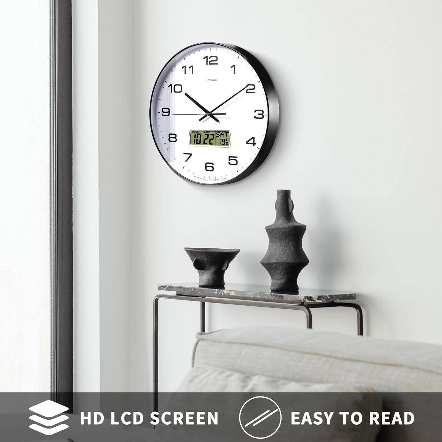 Wall Clock, 12" Dial Non-Ticking Silent Battery Operated Analog with LCD Display for Perpetual Calendar and F° Temperature, Ideal Modern Home, Bedroom, Kitchen, Office Decor (Black)