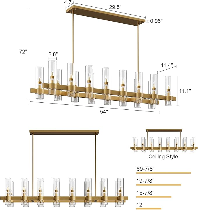 Brass Kitchen Island Lighting- 16-Light Linear Chandelier, Adjustable 54'' Modern Farmhouse Rectangle Pendant Light Fixtures, Dining Room, Bedroom