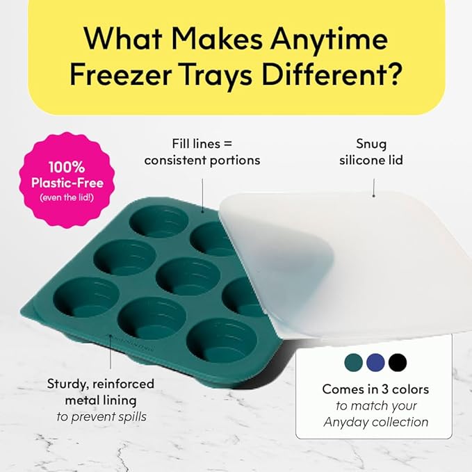 Anyday 2-Tbsp Silicone Freezer Tray with Silicone Lid for Baby Food, Sauces, Garlic, Herbs | Plastic-Free Freezer Molds | 1 Oz Baby Food Puree Ice Cube Tray Reusable