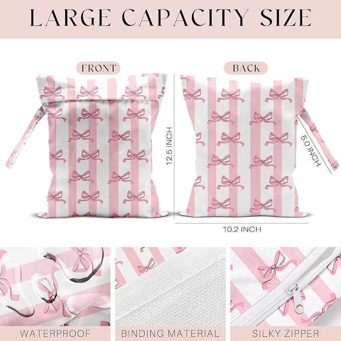 Wet Bag for Swimsuit, Beach Travel Essentials Wet Dry Bag, for Sunscreen Toiletry Dirty Clothes Yoga Gym Diaper, Friends Summer Beach Vacation Gifts. Pink bow stripes