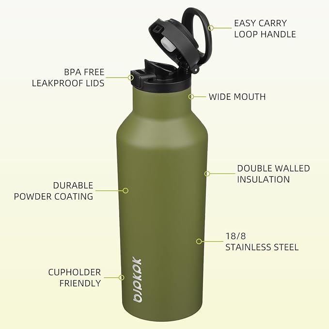 BJPKPK Insulated Water Bottle With Straw 17oz Stainless Steel Water Bottles With 2 Lids And Carry Handle Reusable Travel Metal Thermal Flask,Olive Green