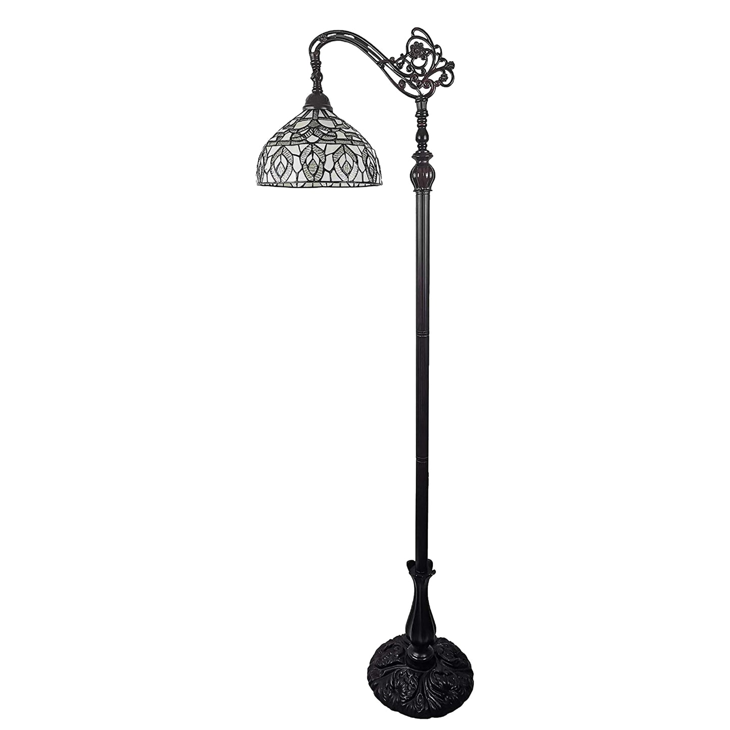 Amora Tiffany Floor Lamp - Arched  Stained Glass 62  With Foot Switch Operation And Adjustable Lamp Shade - Custom Handcrafted Floor Lamps For Living Room In White Mahogany Traditional Peacock