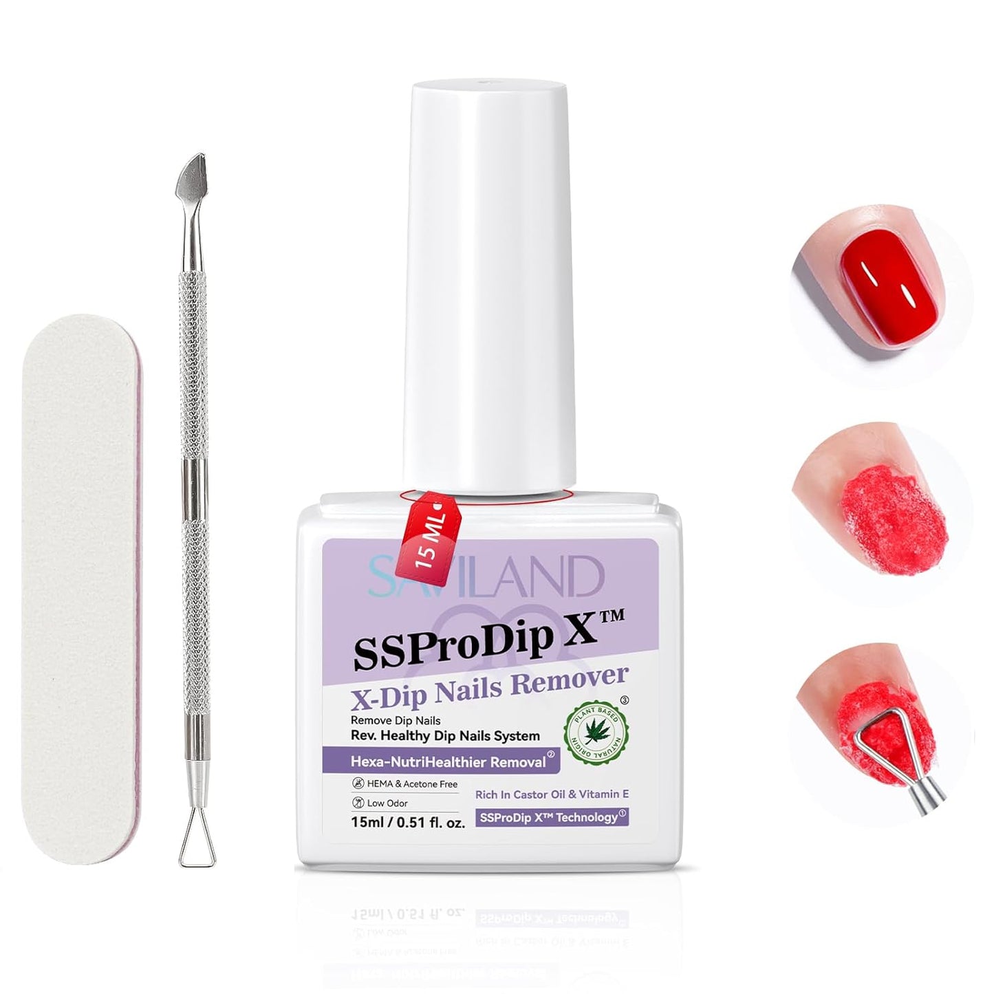 SAVILAND Pro Dip Powder Remover Kit - Gentle & Easy Dip Nail Removal Nail File & Scraper for Home Use, No Need Soaking & Wrapping (0.5 Fl Oz)