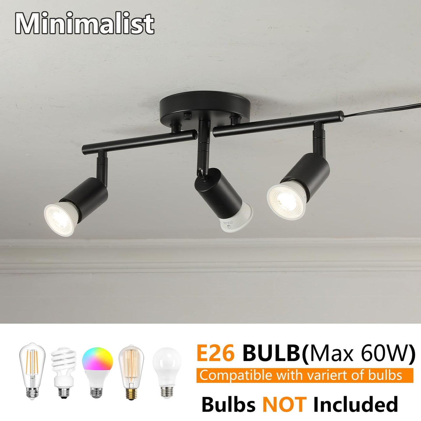 Vivihobb Plug In Track Light Black 3 Light Plug In Ceiling Lighting Fixture With 16.4 Long Cord 4 Way Ceiling Spotlight Rotatable Wall Mount Light Head Bulbs Not Included