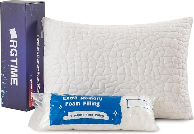 Shredded Memory Foam Pillow, Standard (1-Pack), Adjustable Bed Pillow for Side Back Stomach Sleepers,Comfy Cooling Pillow for Sleeping with Washable Cover…