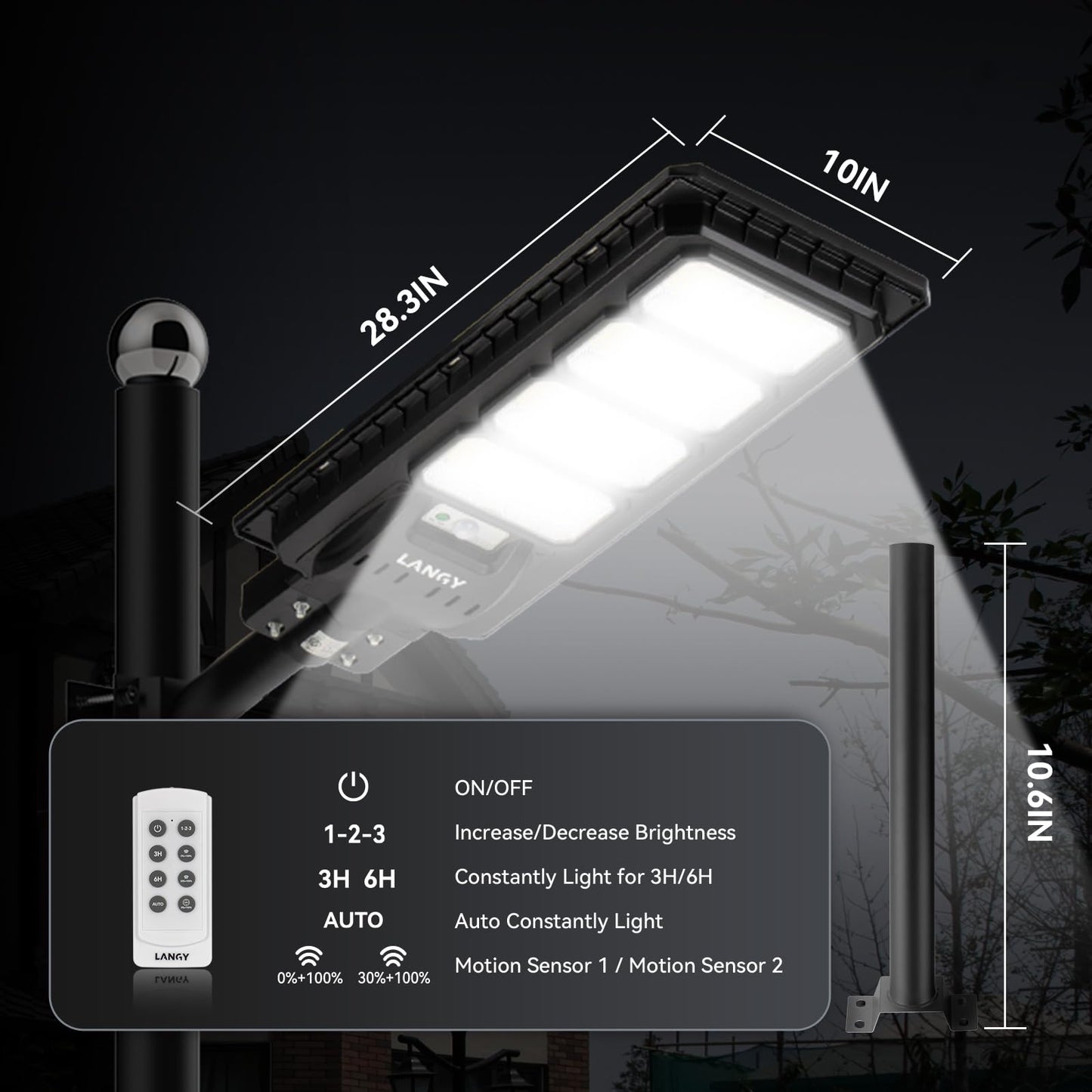 LANGY 200W LED Solar Street Light, 20000 LM, Black, ABS Plastic, Model ES03-200W, Dusk to Dawn Outdoor Security Lamp