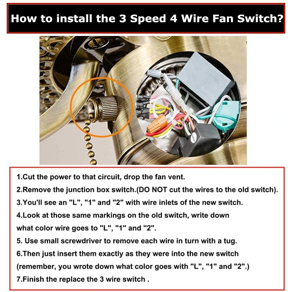 Aoprofree Ceiling Fan Switch 3 Speed 4 Wire Ze-268S6 Replacement Parts, Silver Nickel Pull Chain