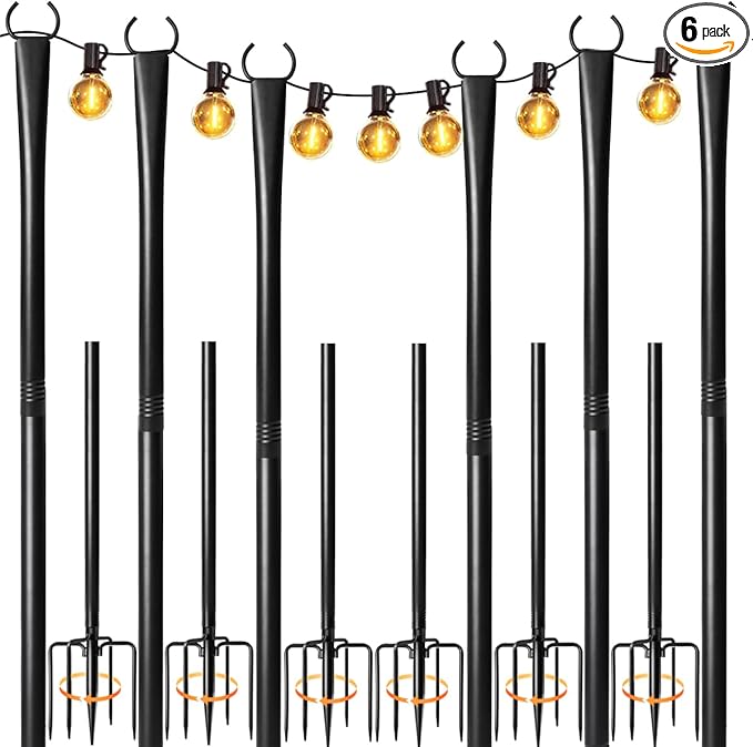 6 Pack String Light Poles for Outside, Heavy-Duty Metal Poles for Outdoor String Lights with Fork, Adjustable Lighting Han...