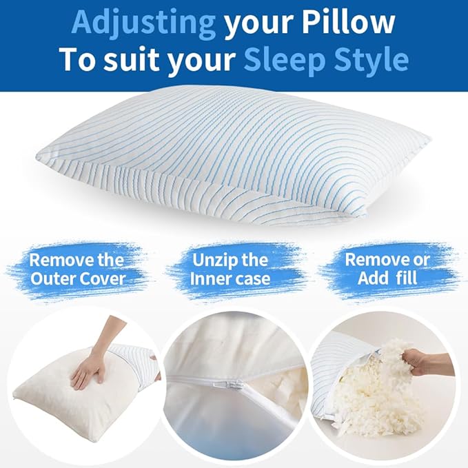 Shredded Memory Foam Pillows Standard Size Set of 2, Cooling Pillows for Sleeping That Stay Cold, Adjustable Firm Pillow for Side Back Stomach Sleepers with Washable Removable Cover