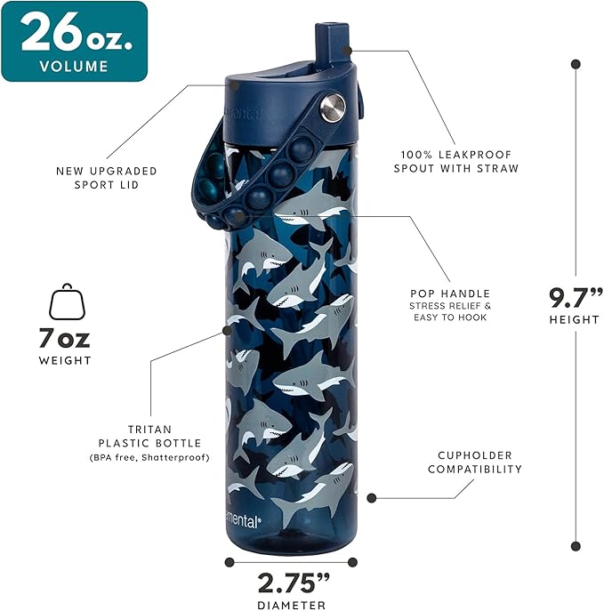 Elemental Splash Water Bottle with Straw - BPA-Free Tritan Plastic Reusable Water Bottle with Pop It Strap - Ideal for Travel, Gym and Sports - Leak Proof when Spout is Closed - 26oz - Shark