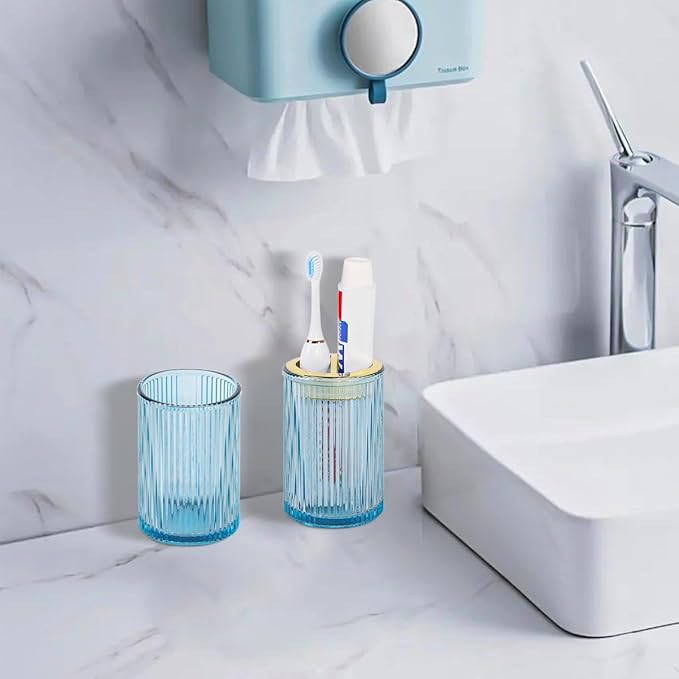 Toothbrush Holders for Bathrooms, 2pcs Glass Toothbrush Holder, 12oz Bathroom Tumbler and Mouthwash Cup, Tooth Brush and Toothpaste Organizer for Bathroom Vanity Countertop (Blue Gold)