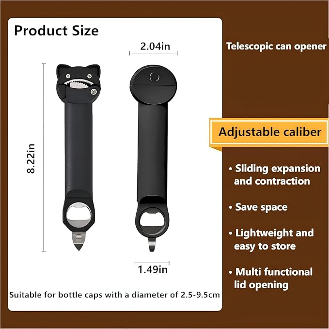 Jar Opener Bottle Opener and bottle cap opener,Multi function Retractable Magnetic Can Opener Fits Weak Hands, Arthritic Hands, Seniors,Low Strength and Children with Kitchen Gadgets（Black)
