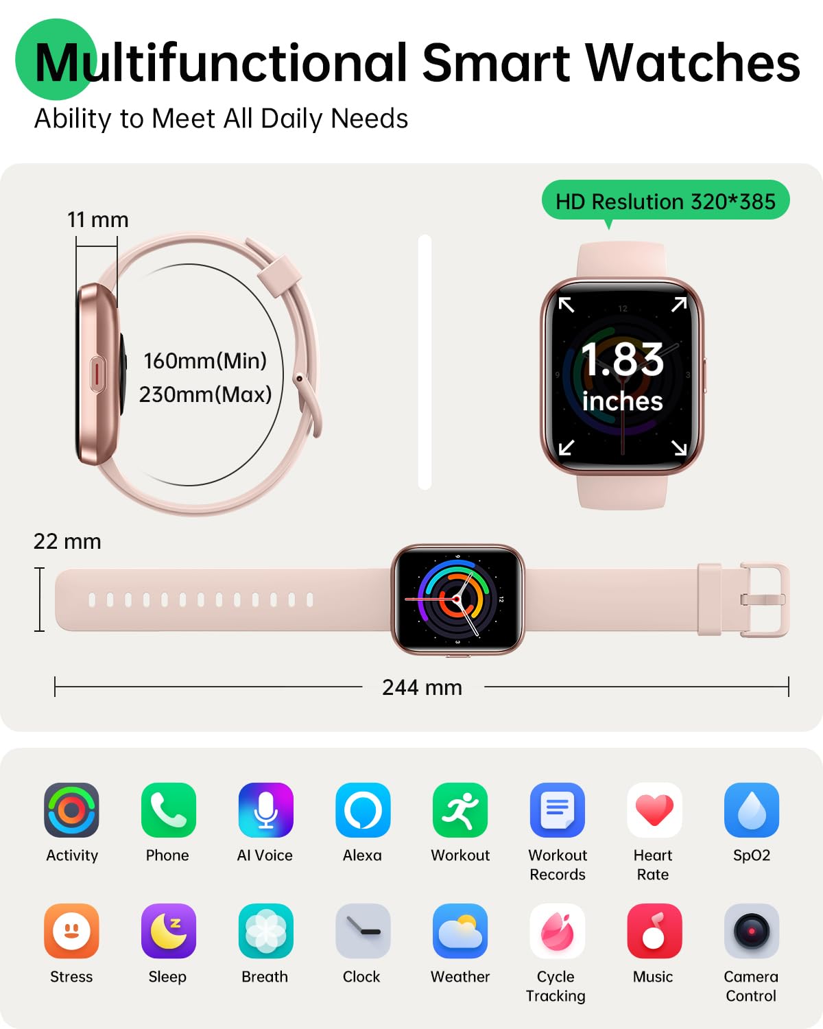 Smart Watches for Women and Men - Smart Watch Compatible for iPhone Android Phone,Alexa,Call & Notification Alerts,Heart Rate & Sleep Monitor,3 ATM Waterproof 1.83 Inches Fitness Tracker
