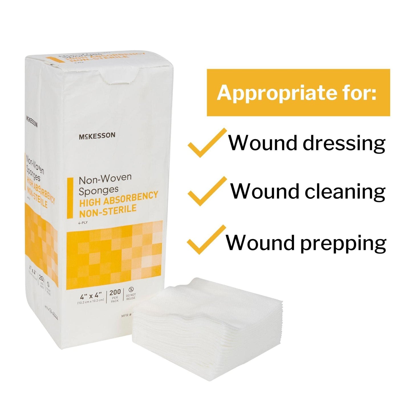 McKesson Non-Woven Sponges, Non-Sterile, 4-Ply, High Absorbency, Polyester/Rayon, 4 in x 4 in, 200 per Pack, 1 Pack