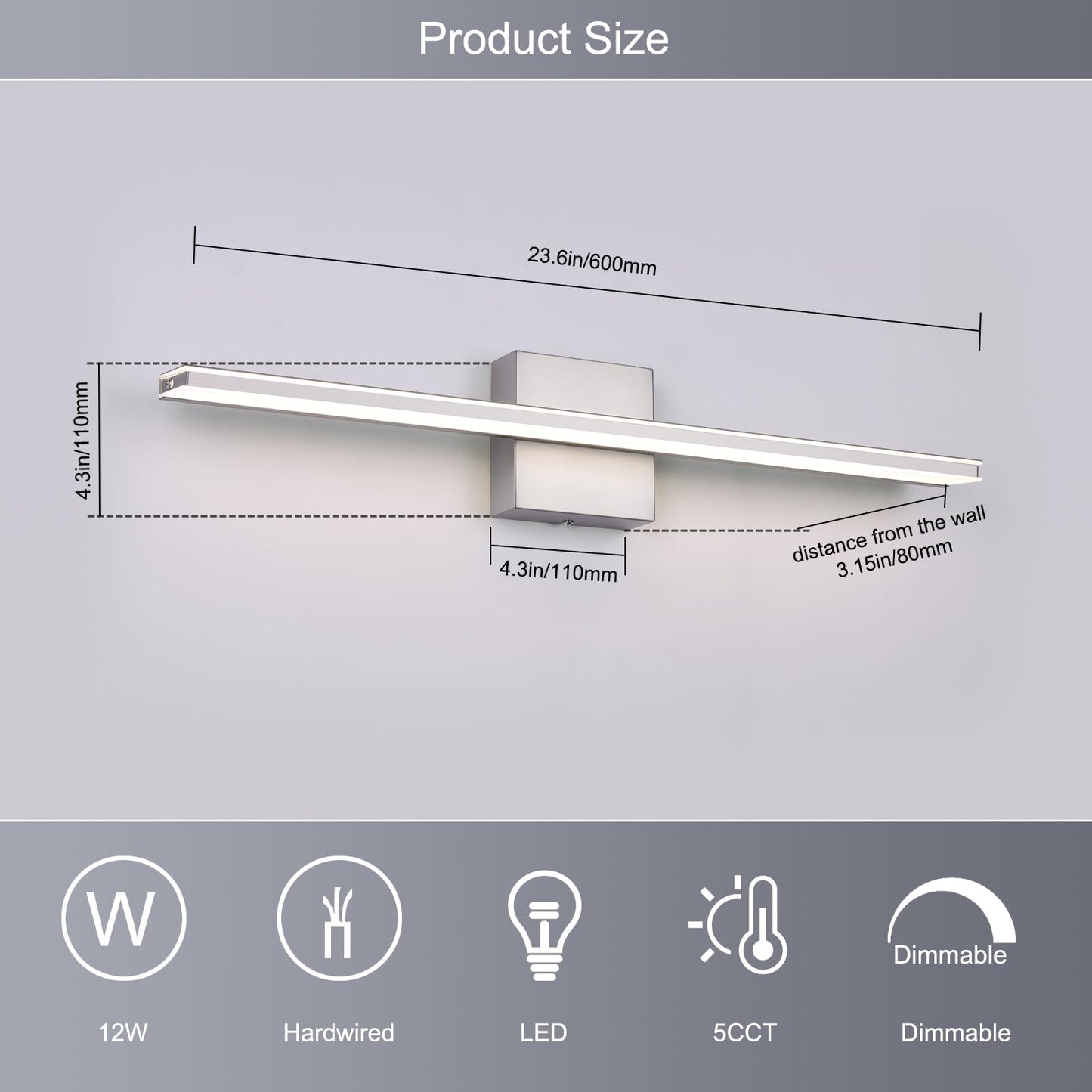 BRIVOLART LED Vanity Light Fixture 18W Dimmable 5CCT 23.6 Inch Brushed Nickel Model 6420 Acrylic Over Mirror Bathroom Lighting